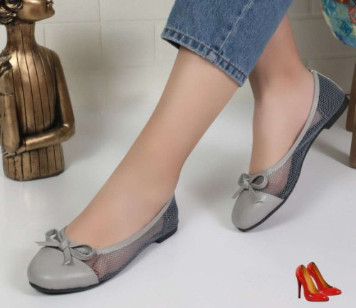 خرید کفش تخت زنانه توری پاپیوندار طوسی | در 3 رنگ و سایز 37 تا 40 | ارمیا شاپ